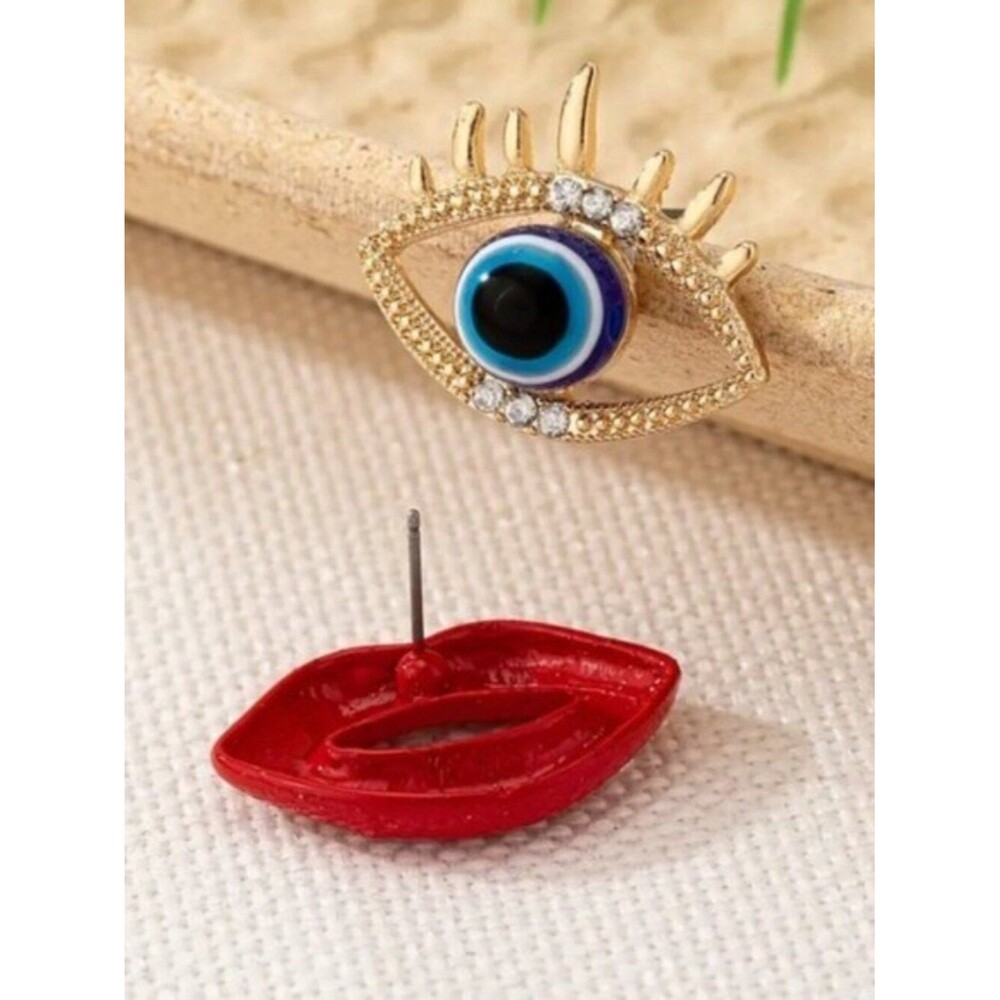 Red Lips and Evil Eye Pendant Stud Earrings - Picture 3 of 5